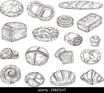 Croquis de la cuisine de boulangerie. Pain, pâtisseries et desserts dessinés à la main pour les conceptions d'emballages alimentaires. Jeu d'illustrations vectorielles de produits de boulangerie. Bio maison prod Illustration de Vecteur