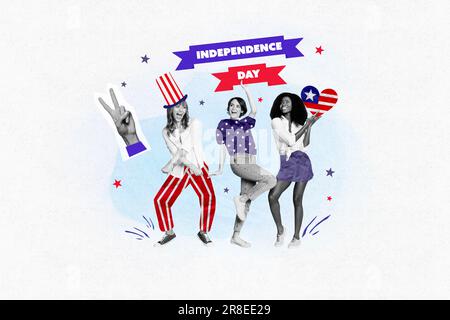 Image esquisse collage minimal de trois bonnes dames fêtent des vacances vêtues patriotes usa vêtements isolés sur fond peint Banque D'Images