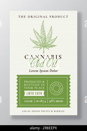 Modèle d'étiquette de l'emballage du vecteur d'huile de chanvre CBD. Typographie moderne et branche de plante de cannabis dessinée à la main avec des feuilles esquisse Illustration mise en page de fond Illustration de Vecteur