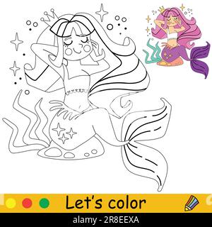 Princesse mignonne et heureuse. Illustration de dessin animé vectoriel. Page de coloriage pour enfants avec un échantillon de couleur. Pour l'impression, le design, l'affiche, l'autocollant, la carte, décoration Illustration de Vecteur