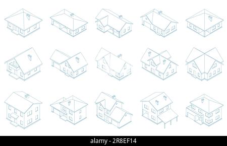 Villas basses isométriques modernes. Divers types de villas. Maison de campagne Illustration de Vecteur