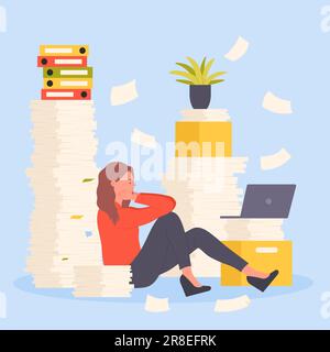 La bureaucratie, les employés stress de la surcharge de la paperasserie dans l'illustration de vecteur de bureau. Caricature femme fatiguée frustrée assise près de grandes piles de documents en papier, pile de dossiers désordonnés désordonnés désorganisés Illustration de Vecteur