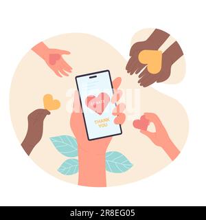 Des bénévoles qui font don de cœurs dans une campagne de charité pour aider. Main tenant téléphone mobile avec Donate et Merci texte sur l'écran plat illustration vectorielle. Fonds, concept d'application de don Illustration de Vecteur