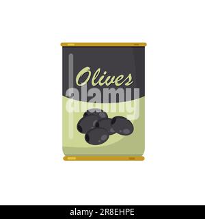 Olives en conserve vectorielles isolées sur fond blanc. Olives mûres noires conservées dans un pot. Conception de l'étiquette alimentaire ou de l'emballage. Illustration de Vecteur