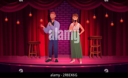 Stand-up, spectacle comique avec comédiens couple avec le micro sur scène illustration vectorielle. Caricature homme femme personnages haut-parleur debout, homme de bande dessinée et femme avec microphone plaisantant dans la boîte de nuit Illustration de Vecteur