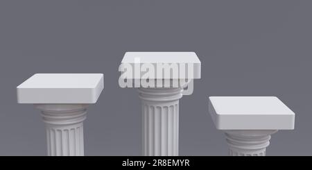 Trois podiums blancs sur fond gris vide. Partie supérieure classique de l'architecture de colonne en marbre rythme Doric, espace de copie. 3d rendu Banque D'Images
