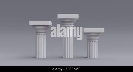 Trois podiums blancs sur fond gris vide. Colonne en marbre rythme dorique classique, architecture de civilisation, espace de copie. 3d rendu Banque D'Images