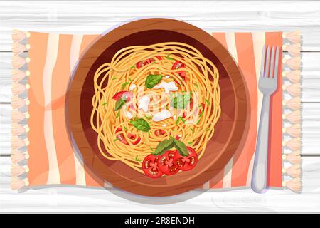 Spaghetti pâtes dans une assiette en bois avec des tomatos, basilic, mozzarella dans le style de dessin animé vue de dessus détaillée et texturée sur fond en bois. restauration, cuisine italienne. Illustration vectorielle Illustration de Vecteur