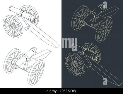 Illustration vectorielle stylisée de dessins isométriques de canons d'artillerie millésimés Illustration de Vecteur