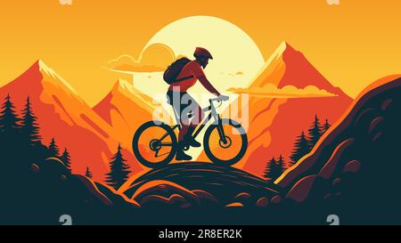 Vélo de montagne extrême sur des collines, sur un paysage montagneux, magnifique nature sauvage pendant le coucher du soleil. Affiche horizontale d'aventure à vélo, illustration vectorielle. Illustration de Vecteur