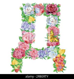 Lettre de fleurs aquarelles, isolée main, dessin de mariage, alphabet cyrillique russe 5 Illustration de Vecteur