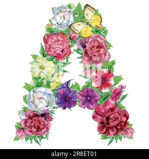 Une lettre de l'aquarelle fleurs, dessinés à la main, isolé sur un fond blanc, mariage, design de l'alphabet Illustration de Vecteur