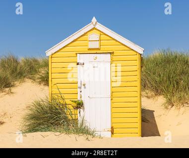 Huttes de plage en bois colorées sur la plage de sable de Southwold, Suffolk. ROYAUME-UNI Banque D'Images