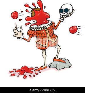 Concept art, acteur habillé de vêtements shakespeariens élisabéthains, tenant le crâne, étant frappé par les tomates, chatouilling, mauvaise action, critique, public hostile Banque D'Images