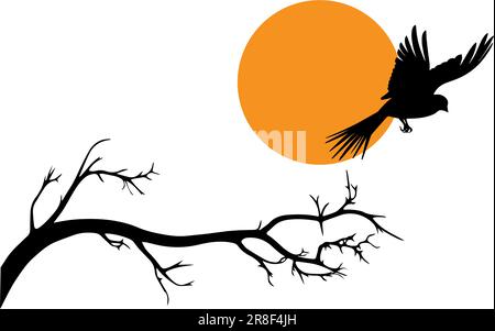 Vol d'oiseau sur la branche sur le vecteur de coucher de soleil, décalcomanies murales, motif oiseau sur arbre, silhouette d'oiseau. Décoration Art nature, décoration murale isolée sur fond blanc Illustration de Vecteur