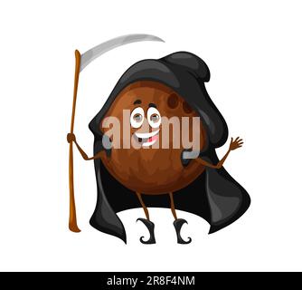 Personnage de noix de coco Halloween de dessin animé. Personnage de noix tropicales de vecteur isolé habillé dans le costume sinistre de faucheuse sinistre avec la fausse. Mort fantaisiste avec expression du visage souriant, noix de coco mignonne et excentrique Illustration de Vecteur