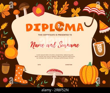 Diplôme pour enfants. Dessin animé automne et Thanksgiving nourriture, plantes et feuilles. Diplôme d'éducation scolaire, prix vecteur de réussite avec champignon, citrouille, feuille et botte en caoutchouc, parapluie, baie d'automne et gland Illustration de Vecteur