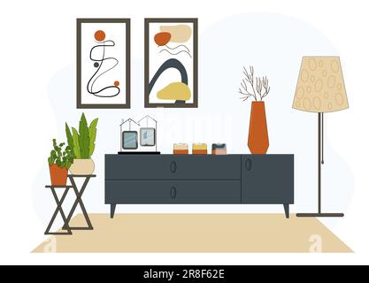 Décoration intérieure du salon. Armoire avec un vase et des bougies dessus, une lampe de sol et des fleurs sur un support. Peintures abstraites sur le mur. Design et m Illustration de Vecteur