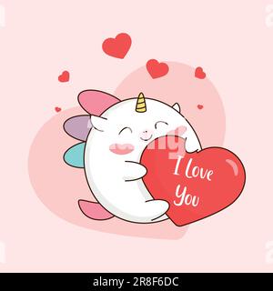 Image vectorielle d'une licorne avec un cœur « Je t'aime » sur le thème de la Saint-Valentin. Convient à la décoration de Saint-Valentin, de cartes de vœux, d'imprimés, etc Illustration de Vecteur