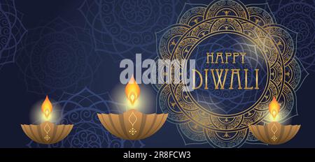 Fond Diwali heureux avec bougies votives, motifs Mandala et espace texte. Illustration vectorielle. Répétable horizontalement. Illustration de Vecteur