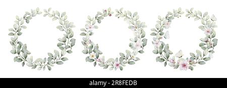 Ensemble de couronnes aquarelles avec fleurs, feuilles et papillons. Collection vecteur botanique isolé sur fond blanc adapté à Wedding Invitatio Illustration de Vecteur