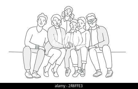 Grand portrait de famille de frères et sœurs heureux de plusieurs générations. Illustration vectorielle dessinée à la main. Illustration de Vecteur