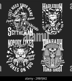 Death Reaper, arlequin, pharaon et effrayant danger clown impressions vectorielles, pour Halloween vêtements de fête de nuit d'horreur de vacances. Personnages effrayants de crâne et de squelette avec faux, tombe de momie et chapeau Illustration de Vecteur