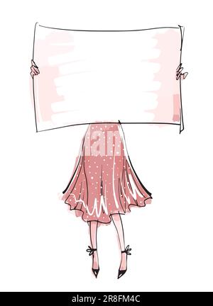 Femme élégante tenant un écriteau vierge avec un espace pour le texte, dessin moderne. Illustration vectorielle vintage isolée sur fond blanc Illustration de Vecteur