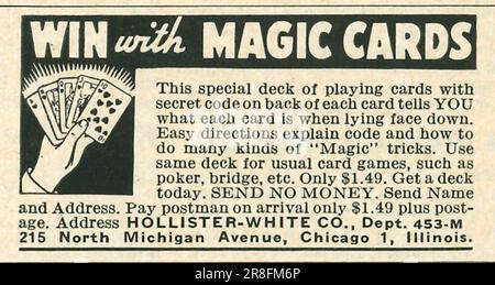Gagnez avec des cartes magiques - jeu de cartes magiques pour 1,49 $. Publicité dans un magazine populaire Science, États-Unis, février 1949 Banque D'Images
