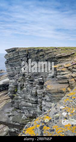 Falaises abruptes et dangereuses sur Brough of Birsay, face à l'océan Atlantique un jour d'été. Orkney, Écosse, Royaume-Uni. Banque D'Images
