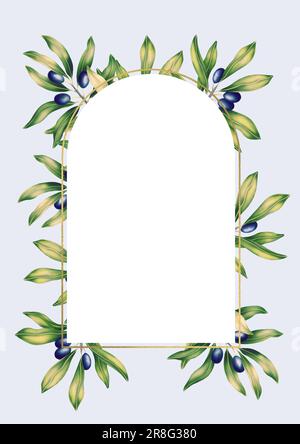 Modèle rectangulaire A4 pour le texte avec des branches et des feuilles d'olive. Cadre ou bordure avec motifs botaniques. Illustration pour un joli mariage romantique Banque D'Images