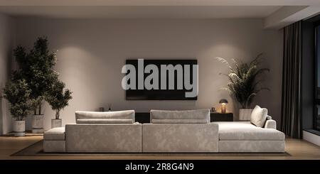 Intérieur moderne et minimaliste gris salon avec grand canapé modulaire gris, fenêtres panoramiques et palmiers. Maquette murale de téléviseur. Éclairage de nuit vue avant Banque D'Images
