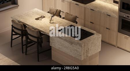 Intérieur de cuisine bohème élégant et chic avec matériaux naturels. Armoire en bois, comptoir en pierre et sol en béton. Vue de dessus d'angle avec la nuit Banque D'Images