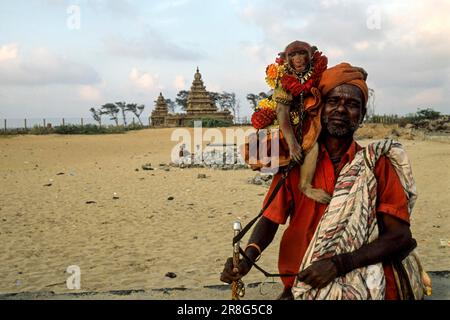 Charmer de singe derrière le temple de la rive à Mahabalipuram Mamallapuram près de Chennai, Tamil Nadu, Inde du Sud, Inde, Asie Banque D'Images