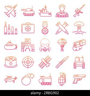 Jeu d'icônes de guerre et d'armes militaires. Symboles d'équipement militaire et de transport. Illustration vectorielle. Illustration de Vecteur