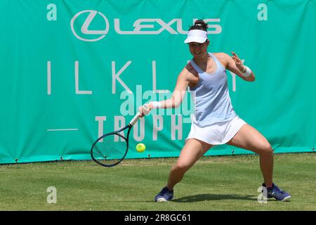 Ilkley, West Yorkshire, 21st juin 2023. Ilkley Lawn tennis & squash Club, Stourton Road, Ilkley, West Yorkshire, 21st juin 2023. Joanna Garland pendant la ITF World tennis Tour W100 Ilkley match contre Himeno Savatsume Credit: Touchlinepics / Alamy Live News Banque D'Images