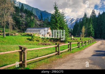 Paysage de montagne ensoleillée de printemps. Cabane en bois dans une belle vallée entre les montagnes Tatra dans l'Ouest, en Pologne. Banque D'Images