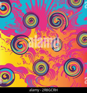 Cadres et décor de tourbillon groovy psychédélique. Vecteur d'illustration tendance de style 1960s et 1970s. Illustration de Vecteur