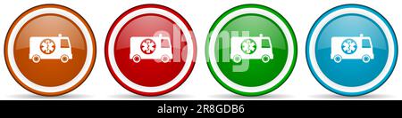 Icônes d'ambulance brillantes, ensemble de boutons de conception moderne pour les applications Web, Internet et mobiles dans quatre options de couleurs isolées sur fond blanc Banque D'Images