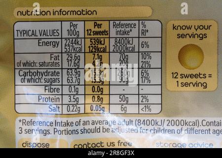 Informations nutritionnelles sur le paquet de Nestle Aero Golden Honeycomb fond Banque D'Images