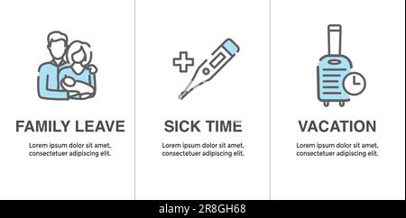 Prestations de congé familial payé - prestations de la FTP - congés de maladie, congés payés, prestations de vacances, décès dans la famille, maternité, congé de paternité, autre PTO Illustration de Vecteur