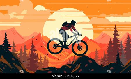 Vélo de montagne extrême sautant sur des collines rocheuses, sur un paysage montagneux et magnifique nature sauvage pendant le coucher du soleil, illustration vectorielle. Illustration de Vecteur