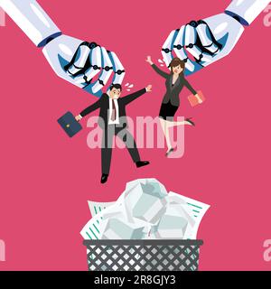 Un robot jette un homme et une femme dans une poubelle. L'intelligence artificielle remplace le concept de l'emploi. Illustration vectorielle Illustration de Vecteur