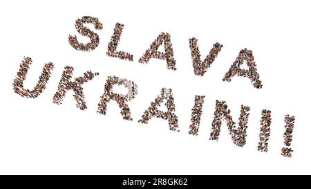 Concept ou conceptuel grande communauté de personnes formant LE message DE SLAVA UKRAINI. 3d métaphore de l'illustration pour le patriotisme, la détermination, la motivation Banque D'Images
