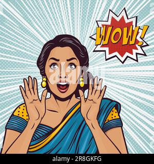 Bannière vectorielle avec femme indienne, Wow visage, mains, bras, palmiers près de ses joues en Pop Art Comic style. Affiche publicitaire à vendre, remise Illustration de Vecteur