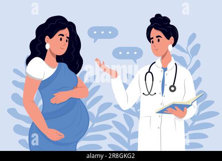 Une femme enceinte indienne parle à un gynécologue obstétricien. Une femme qui attend un bébé visite le bureau des médecins, examen pendant la grossesse Illustration de Vecteur