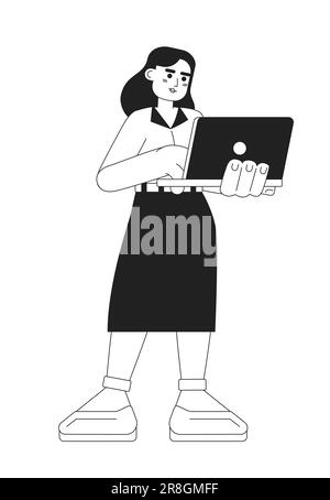 Femme d'affaires tenant un ordinateur portable monochromatique à vecteur plat Illustration de Vecteur