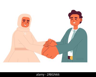 Couple de mariage musulman tenant des mains semi-plates personnages vectoriels colorés Illustration de Vecteur