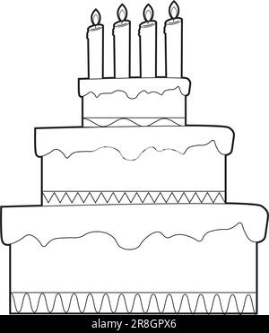 Page de coloriage d'un gâteau d'anniversaire à plusieurs niveaux avec bougies. Illustration de la page de coloriage pour enfants Illustration de Vecteur