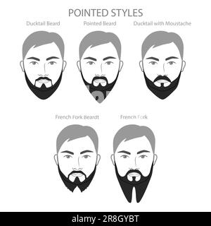 Ensemble de barbe pointue et de moustache avec le nom style de texte hommes visage illustration cheveux faciaux. Vector noir gris portrait masculin modèle de mode plat barber collection. Style de coiffure isolé contour Illustration de Vecteur